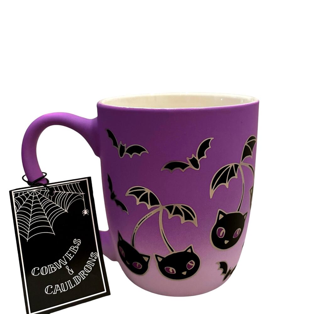 Cobwebs & Cauldrons Halloween Mug Purple Soft Touch Bats & Cats Spooky NEW